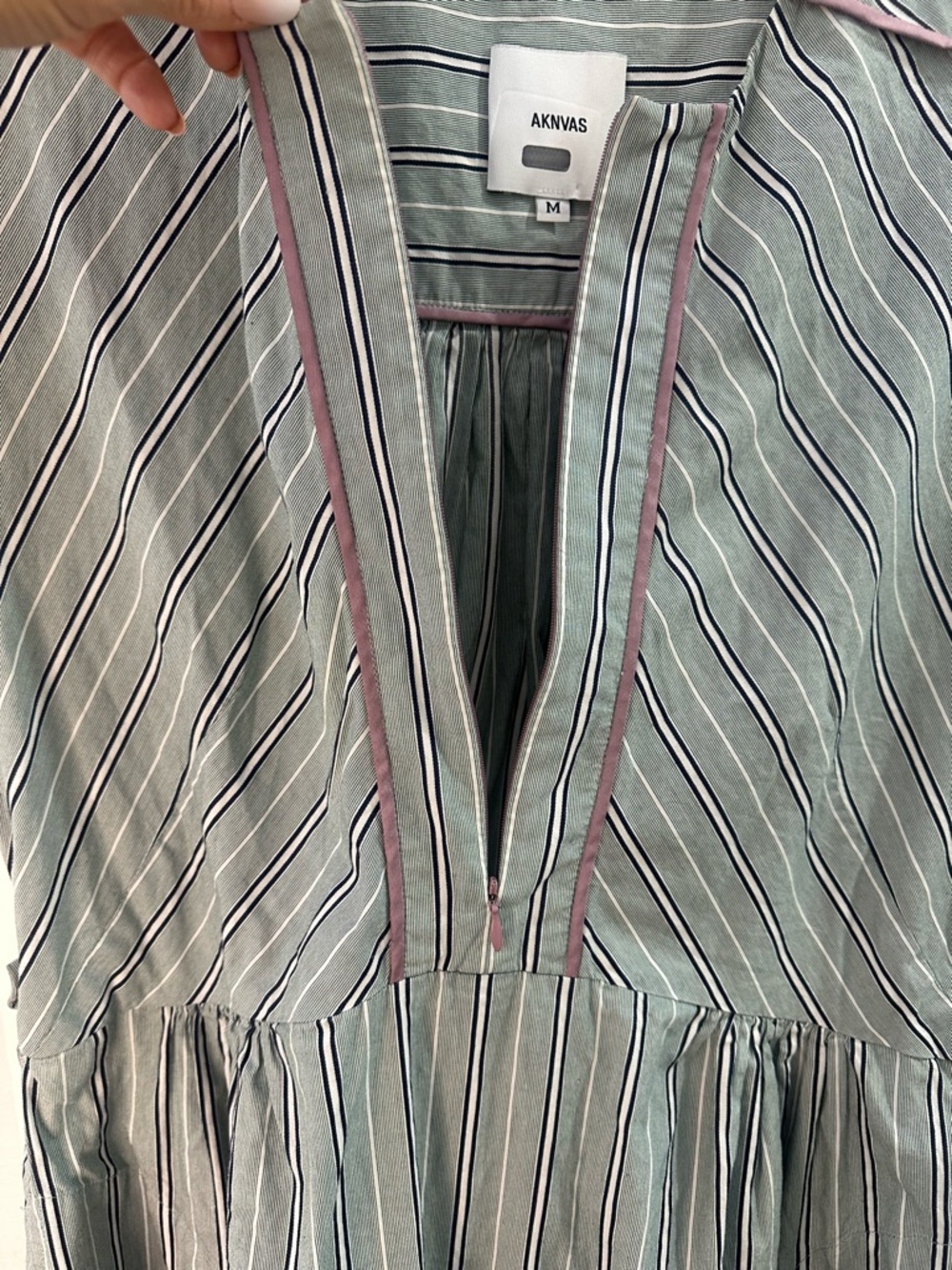 Aknvas Green White Striped Midi Dress Size M Pleated Short Sleeve Summer *FLAWED - Picture 8 of 12